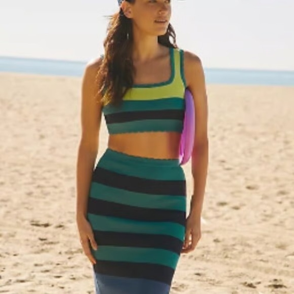 Anthropologie Teal, Green & Black Striped Knit Crop Tank